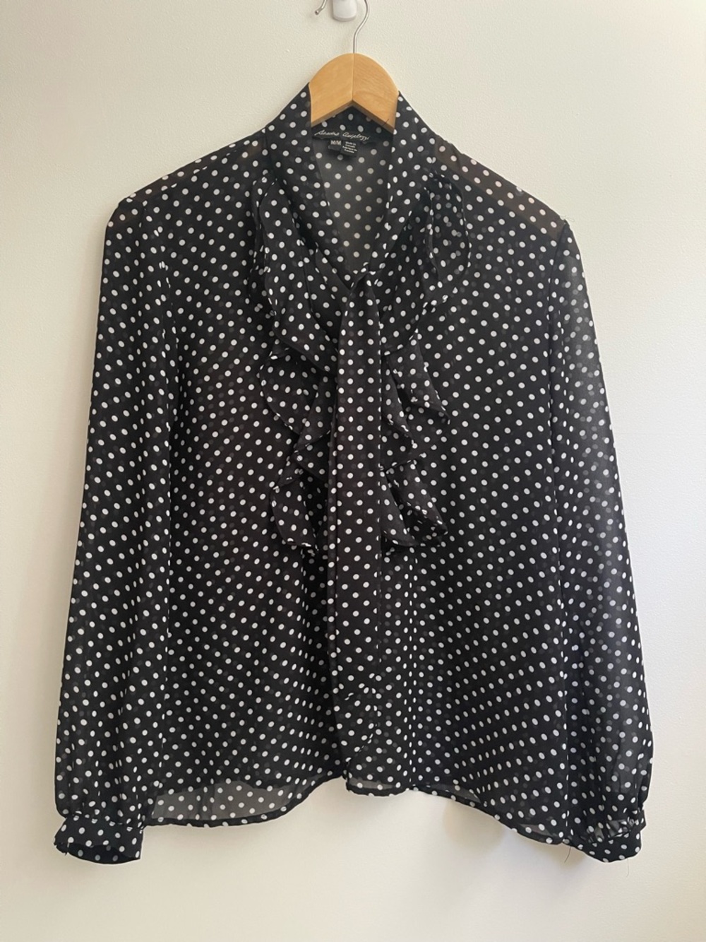 Vintage Made in Canada Black Polka Dot Ruffle Tie-Neck Blouse size Medium
